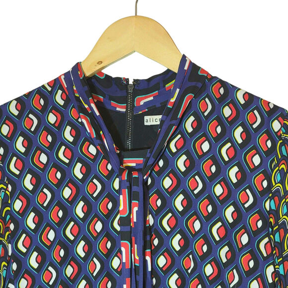 Alice + Olivia Karolina Mod Moon Tie Neck Blouson Sleeve Colorblock Midi Dress 6 - Picture 5 of 16